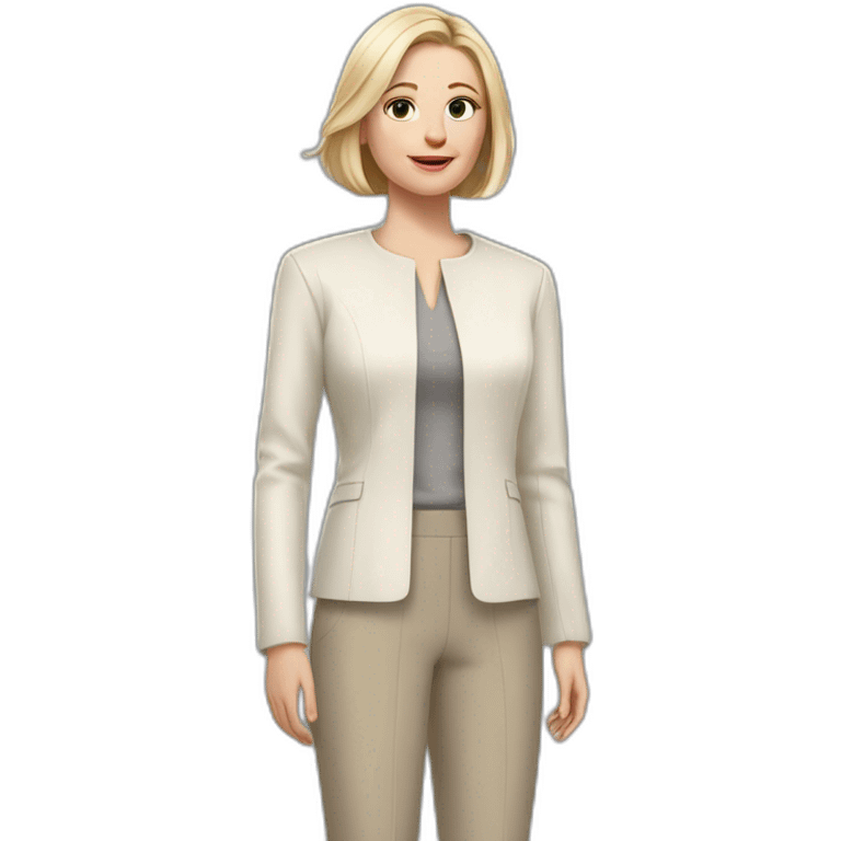 Full height Actively gesturing with hands pale skin woman with ash blonde Straightened bob Hair, White Spacious classical jacket, beige palazzo Arrow pants and gray blouse emoji