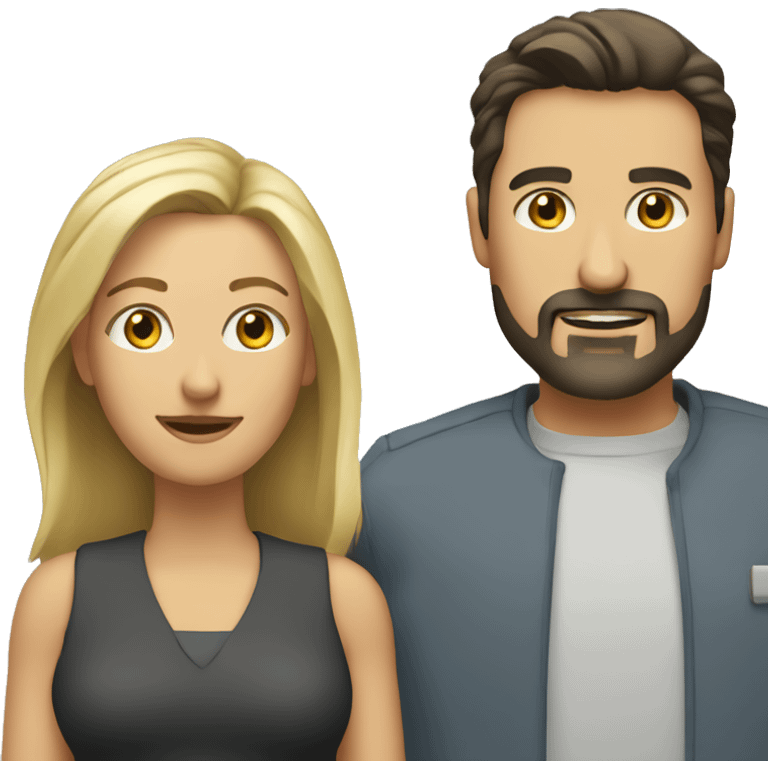 middle aged company with man with dark hair and goatee and woman with shoulder length blonde hair emoji