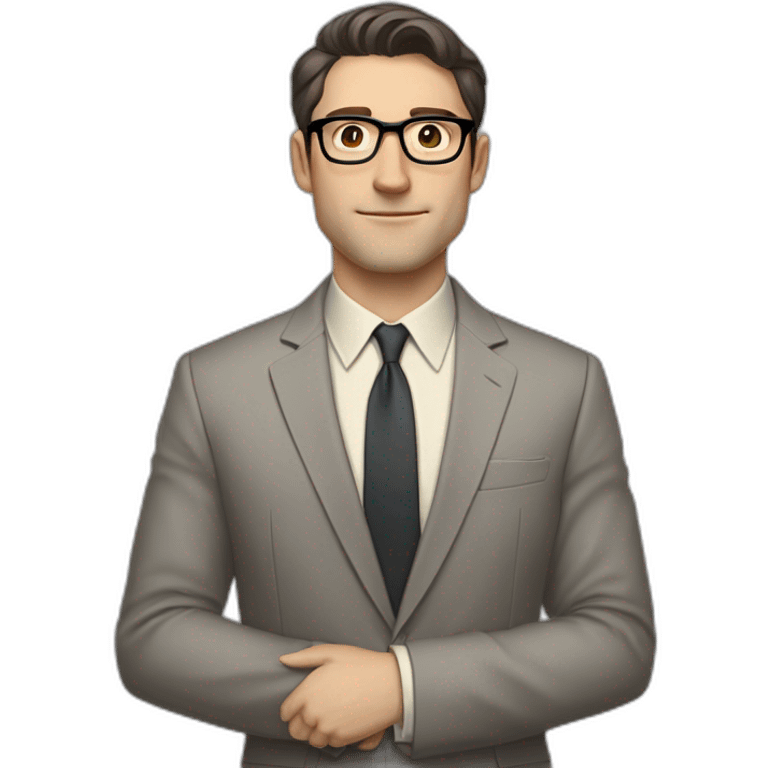 Full height Pale skinned Fit Man With dark brown hair in classic gray suit, beige office shirt, dark gray tie, and vintage glasses. Thrumbs of his palms directed up emoji