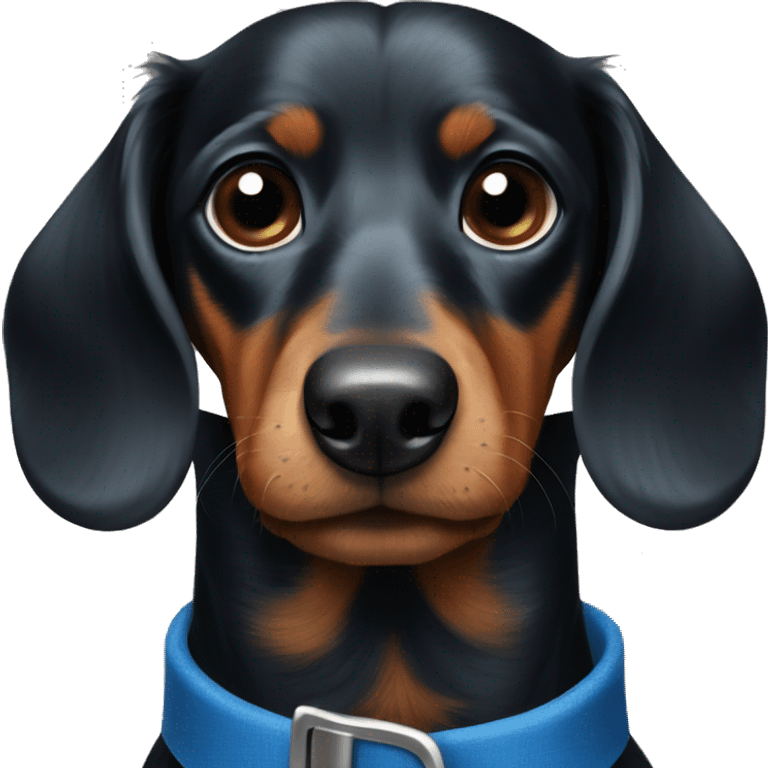 Dark fur Dachshund with long legs in blue collar  emoji