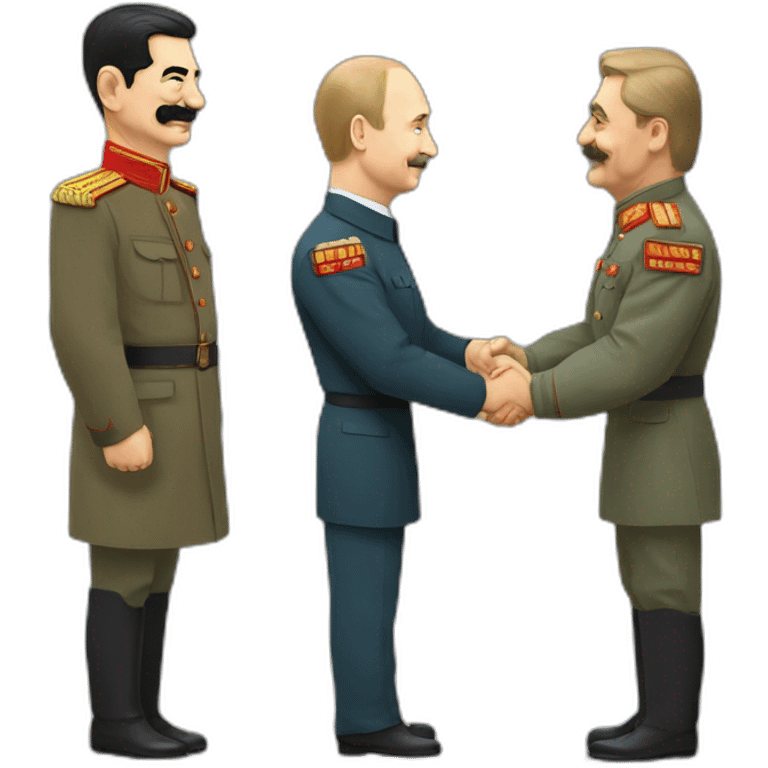 Stalin shakes Putin's hand. Putin in a suit, Stalin in a tunic emoji