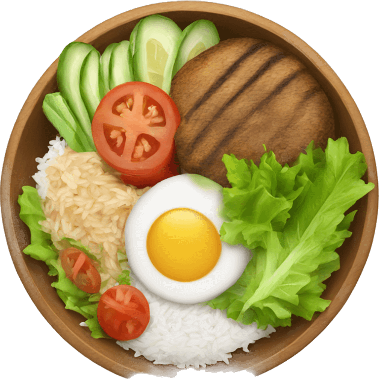 a wood bowl with rice in the middle, kebab, and salad emoji