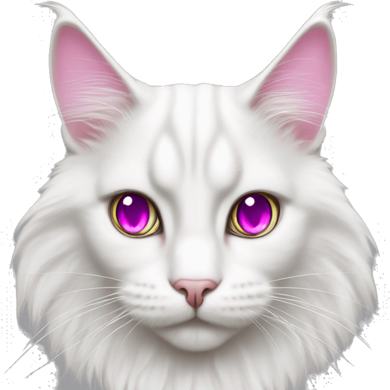 white Maine Coon cat with magenta eyes and big eyelashes emoji