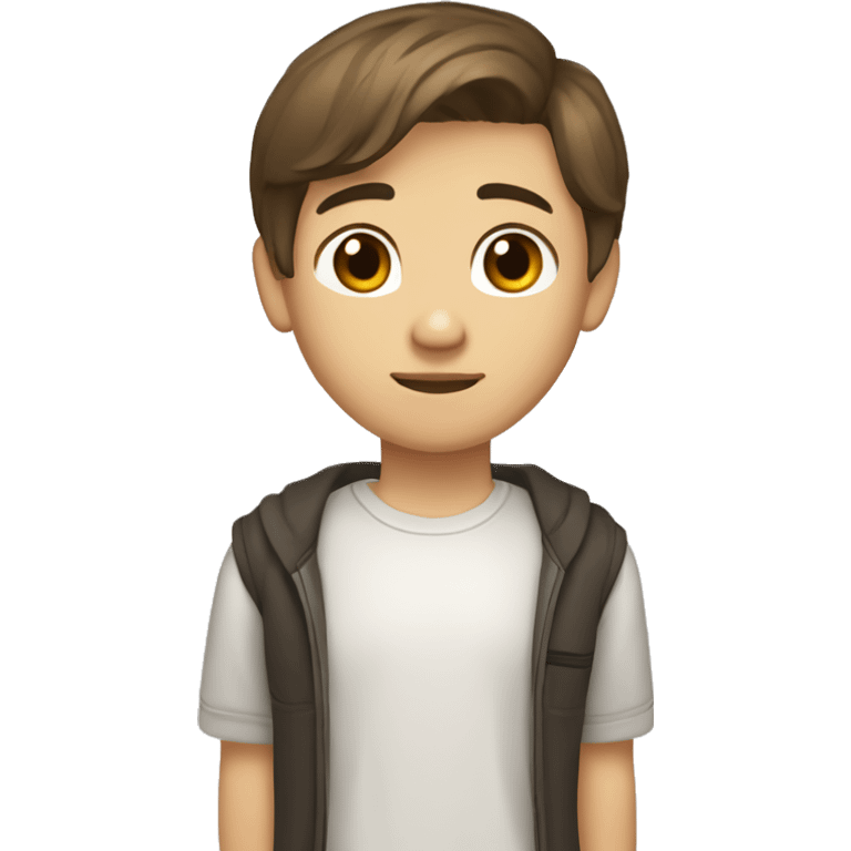 Teenager boy type mexican, White skin, with straight brown hair (Which go down behind to the nape of the neck), Little bit dezoom emoji