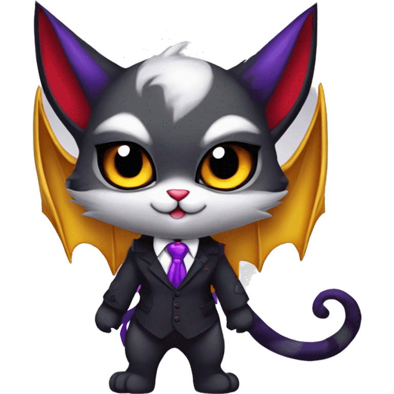 Cute-Evil-Vampiric-Batty-Cat-Black-Purple-Red-Grey-White-Yellow-Contrast-Colors-Fantasy-Fur-Sona-Chibi-Shiny-Fakémon-Hybrid with horns and big fangs neck tie leg spats full body emoji