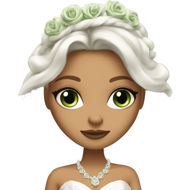 Bratz, bride, brunette wavy long hair, olive skin, green almond cat eyes emoji