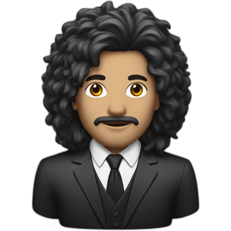 White man with black lion's mane hair and wearing a suit emoji