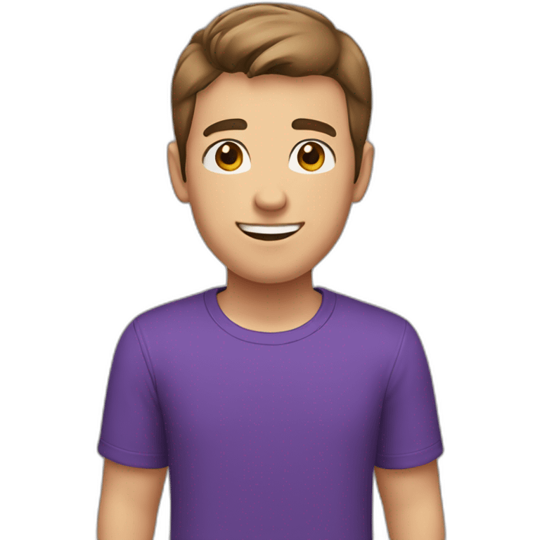 young man, greeting, brown short hair, purple t-shirt, white skin, head large emoji