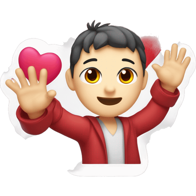 A cute, cartoon-style Korean male character waving with one hand, surrounded by small hearts, with the word '¡Oppa!' in bold, friendly font. Designed as a sticker with a playful expression and vibrant colors emoji