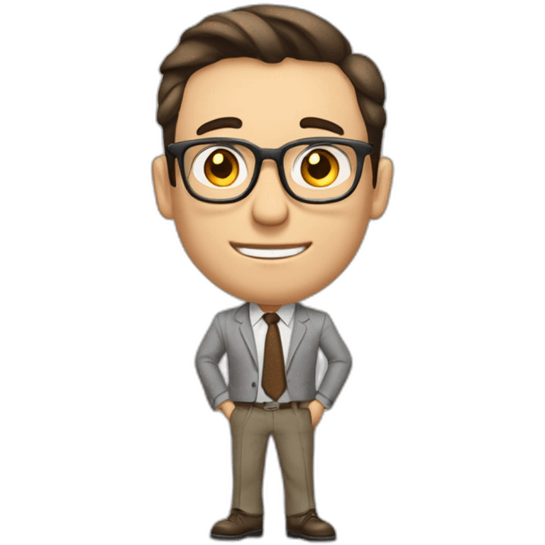 Pale skinned fit man with dark brown hair in gray jacket, beige office shirt, brown tie, brown pants and vintage glasses Writing on the flipchart emoji