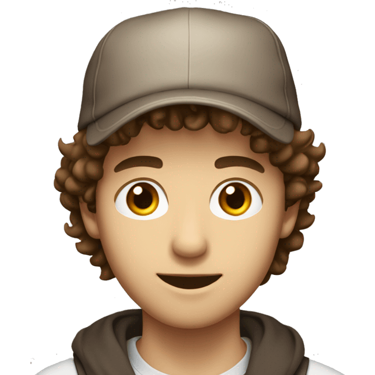 young man, brown eyes, brown hair, backwards hat emoji