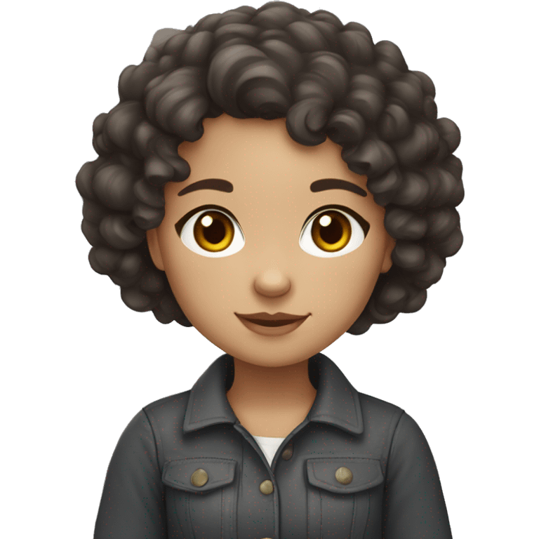 A curly dark brown hair, dark brown eyes girl with British Shorthair emoji