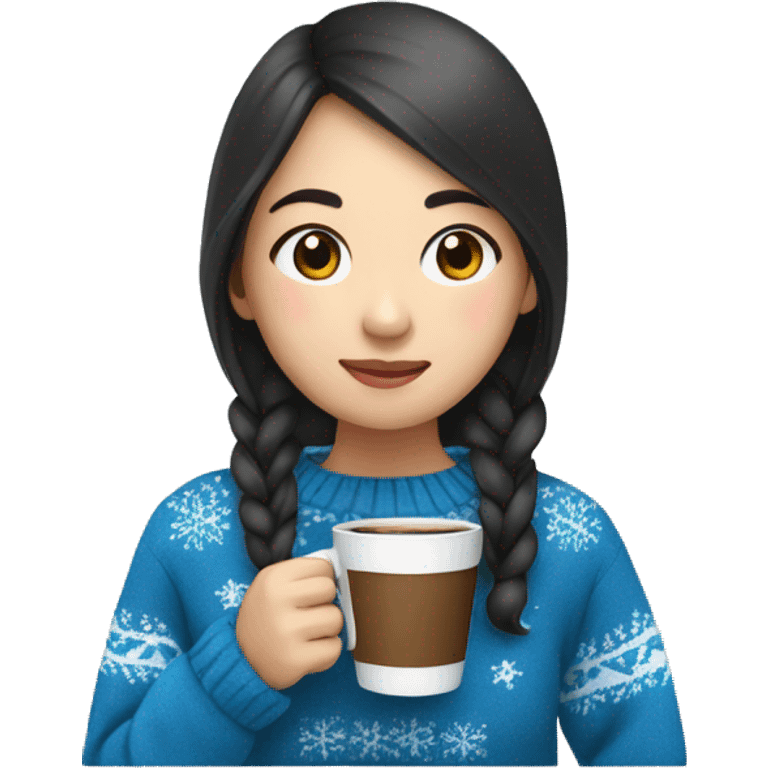 Asian girl drinking coffee wearing blue Christmas sweater emoji