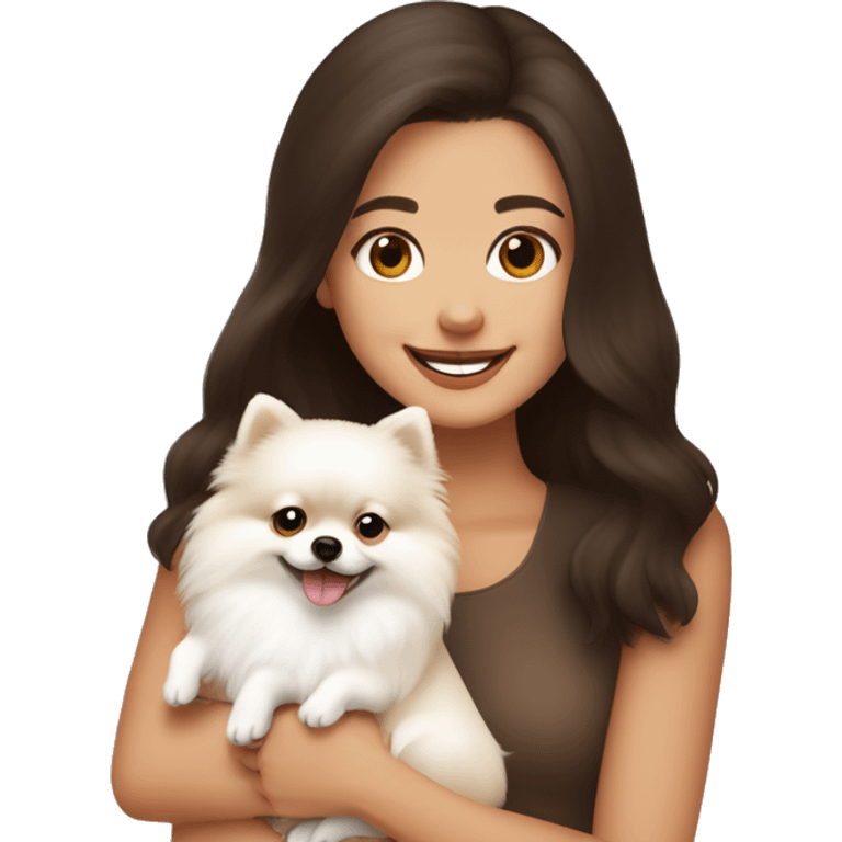 White and beige Pomeranian in the hands of a white young woman with dark brown hair smiling and cuddling the dog  emoji