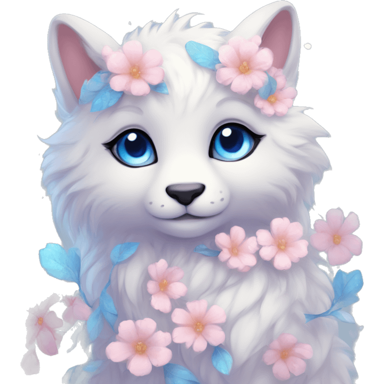 Anthro Cute Cool Blushing Pastel Innocent Shy Kawaii gorgeous sparkly ethereal fantasy animal creature with blue eyes furry sona with flowers and ribbons beautiful aesthetic emoji