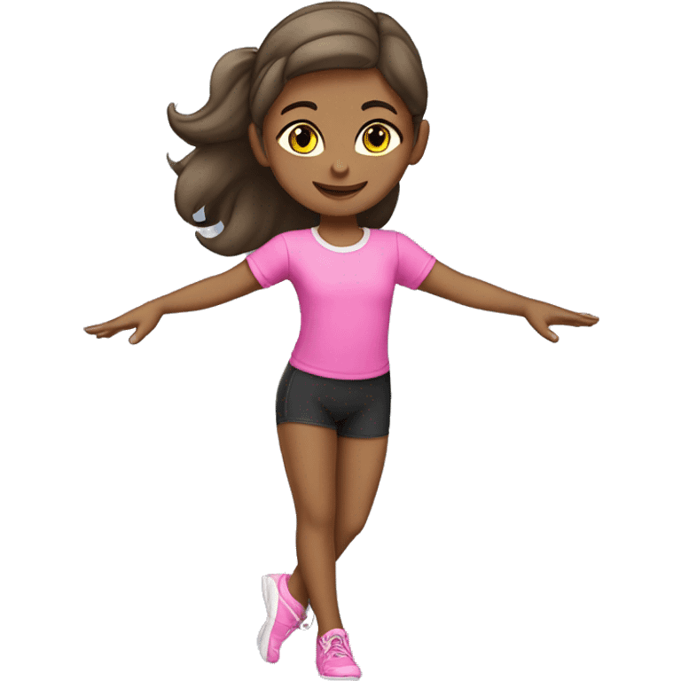 Girl in pink t-shirt with print “MARIGYM” doing gymnastics  emoji