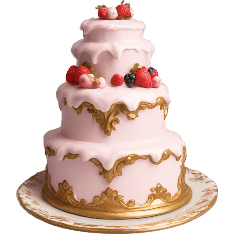 aesthetic vintage rococo cake with white icing, berries on a gold, pale pink, and white ceramic plate stand  emoji