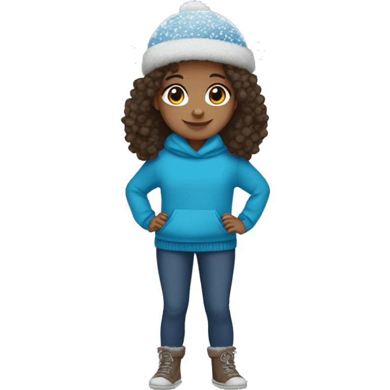 winter, christmas, hispanic, afro hair,  girl, brown eyes, child, full body, blue winter sweater, headband emoji