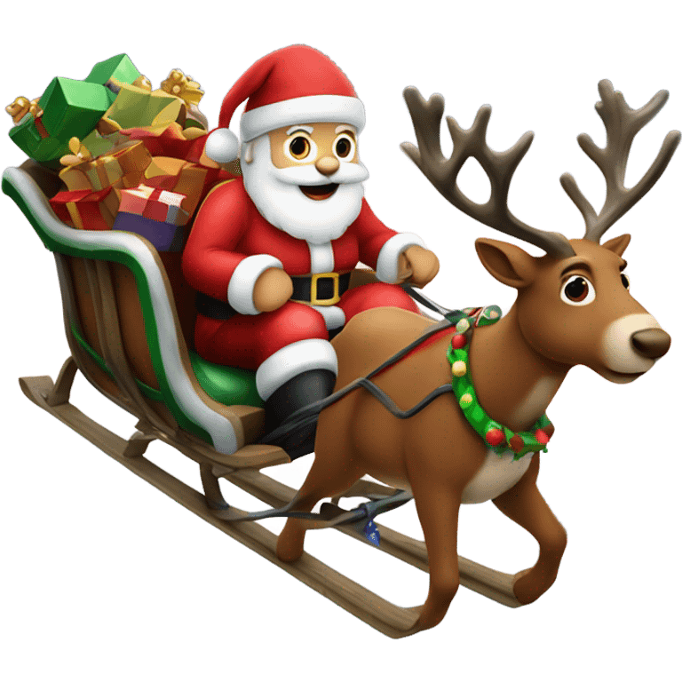 Santa in the sled with his reindeer pulled him in the night sky emoji