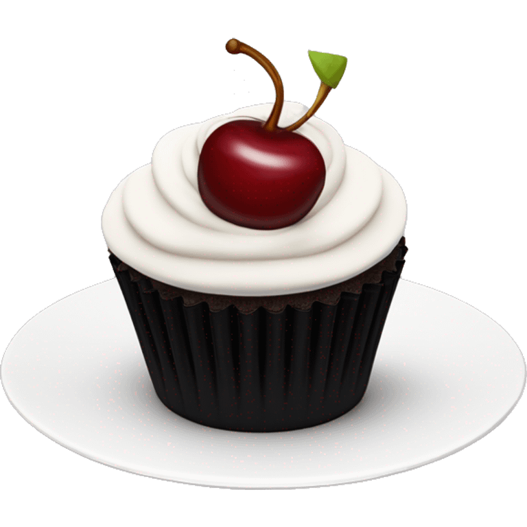 Dark red cherry cupcake with white frosting on top with black cupcake case  emoji