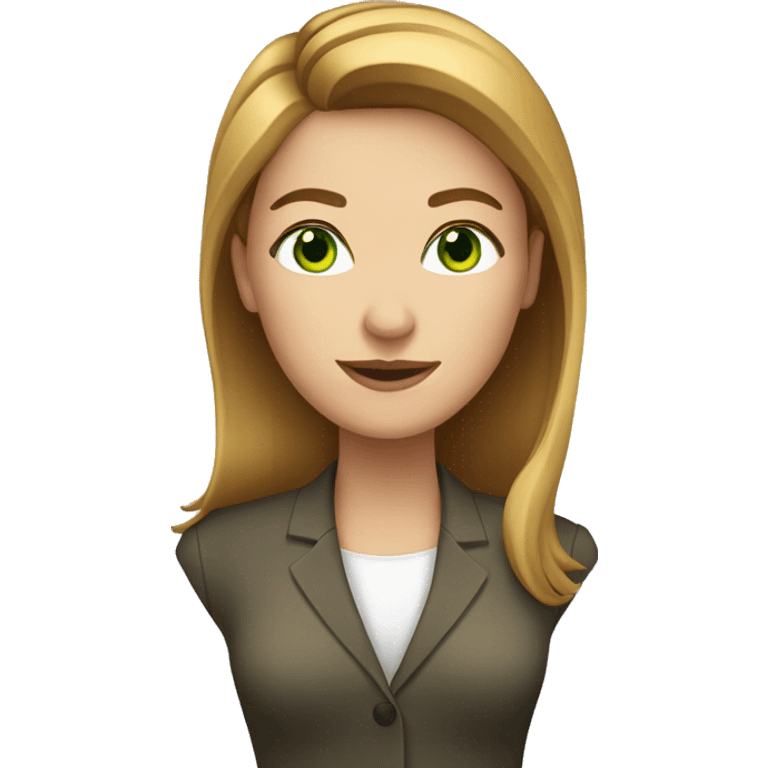 executive woman, straight golden brown hair, green eyes, heart shaped face emoji