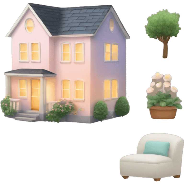 Create a small, cozy house emoji with glowing windows, a little garden, and a soft, pastel color palette to feel warm and welcoming. emoji