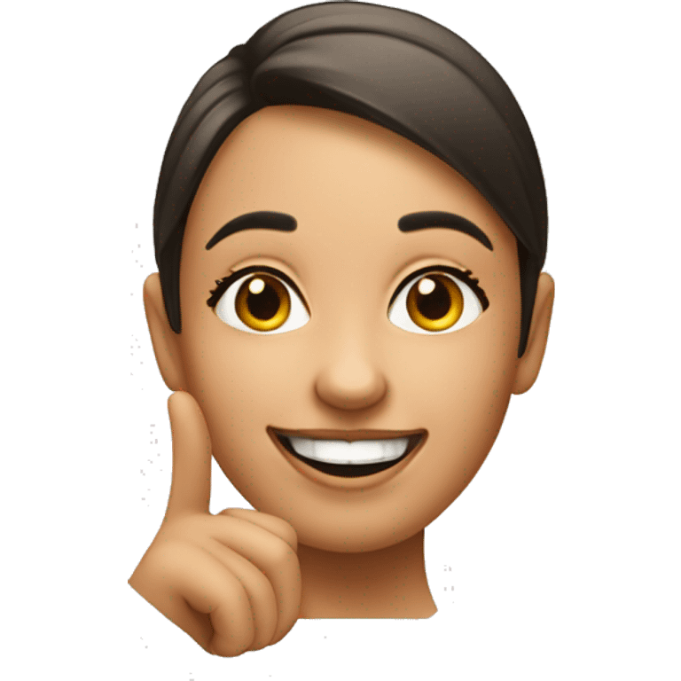 An emoji of a woman pointing to the dimple on her cheek with a playful smile, highlighting her cheeky expression emoji