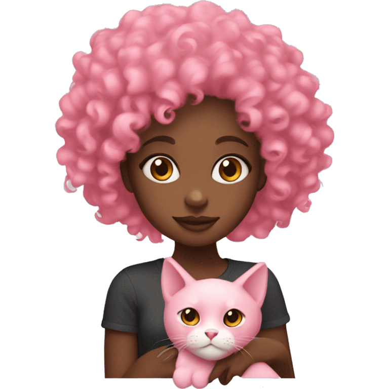 Black girl with curly hair holding a pink cat emoji