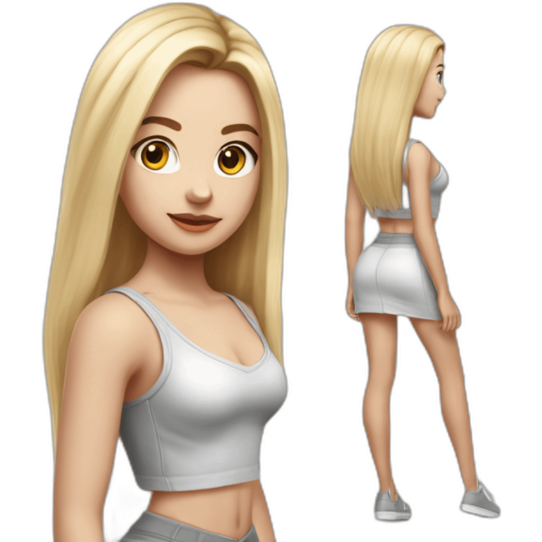 hyperrealist caucasian girl, long straight blonde hair, white v-neck laced crop top, grey tight micro skirt, walking towards camera emoji