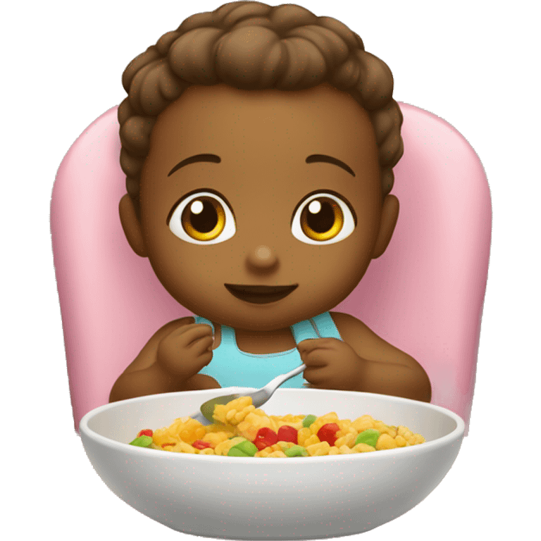 A baby in the kids chair eating helsi food  by the table  emoji