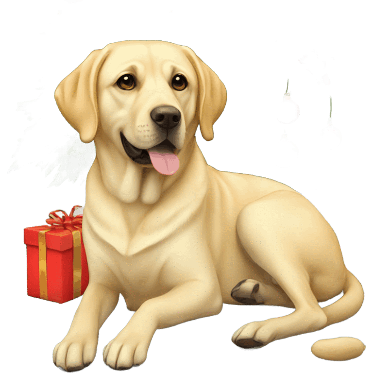 yellow labrador sitting next to a christmas tree emoji