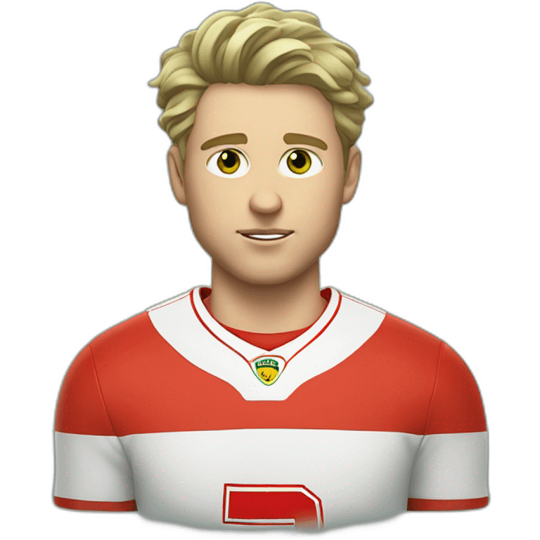 A young white man in a Ferrari jersey with sort hair and light green eyes and dig cheeks emoji