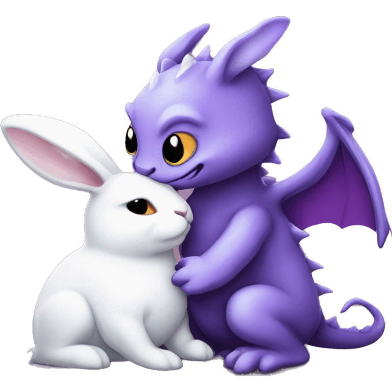 Purplr dragon hugging a white bunny emoji