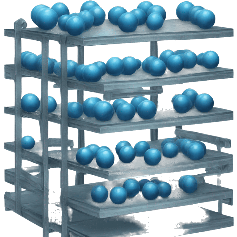 tall metal shelves with many blue orb prophecies emoji