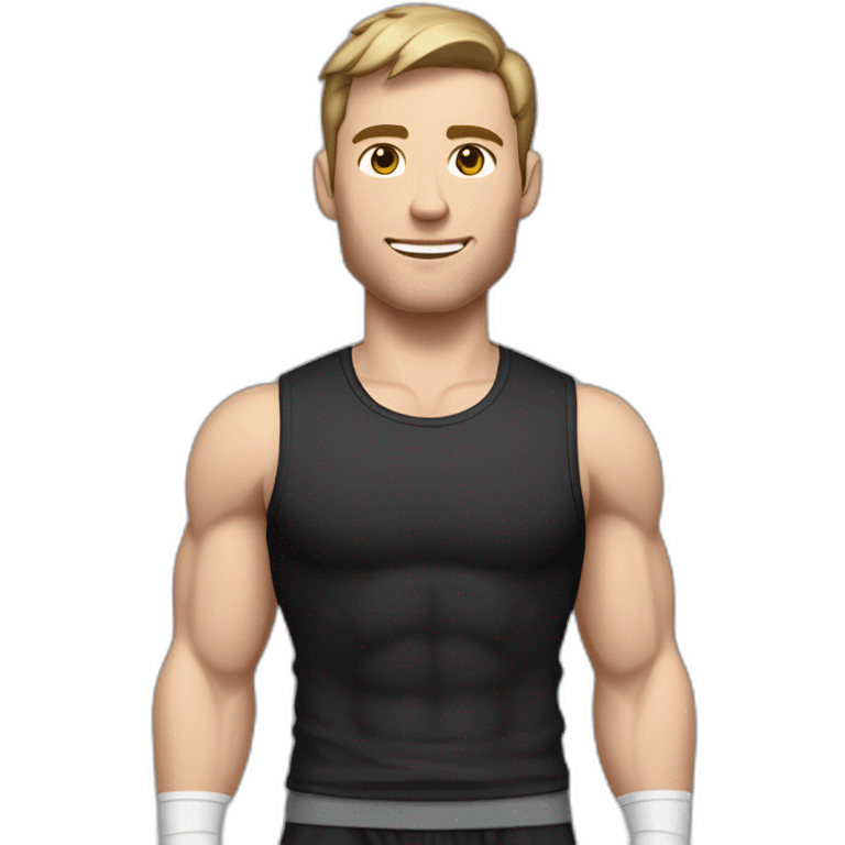 Pale skinned Fit Man With the biceps and dark brown hair in black shirt, gray sports shorts and white Sneakers His right hand near his back of the head emoji