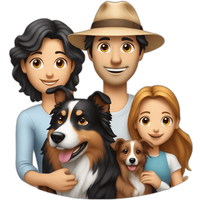 family group of three consisting of man in hat and woman with long hair in ponytail and small border collie dog emoji