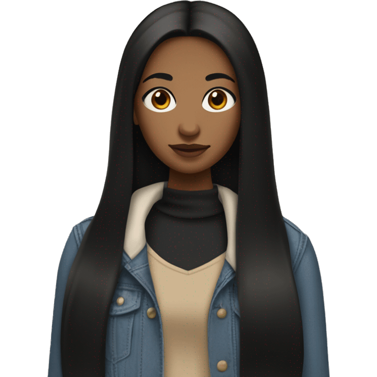 A teenage girl with long, straight black hair and black eyes, having a medium-brown skin tone. She wears modest clothing, avoiding revealing styles. Her facial features, particularly around the mouth, are well-defined, and she is wearing lipstick emoji