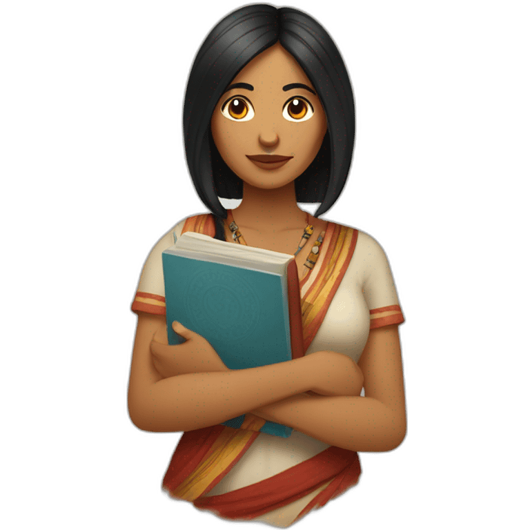 A Portuguese- Indian Woman with native indian face and a  book in her hand long black hair  emoji