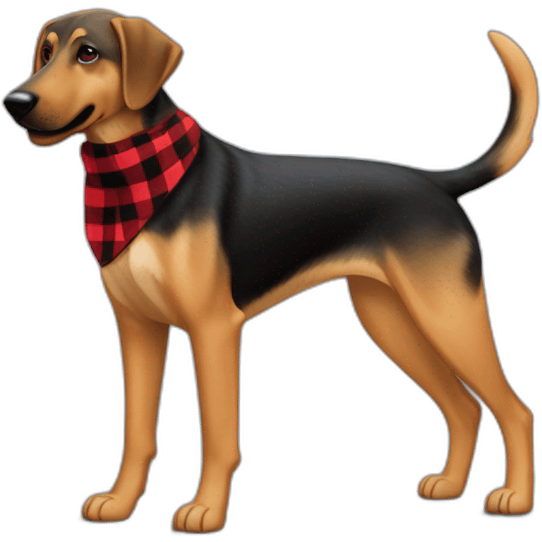 adult 75% Coonhound 25% German Shepherd mix dog with visible tail wearing small pointed red buffalo plaid bandana full body walking left quickly emoji