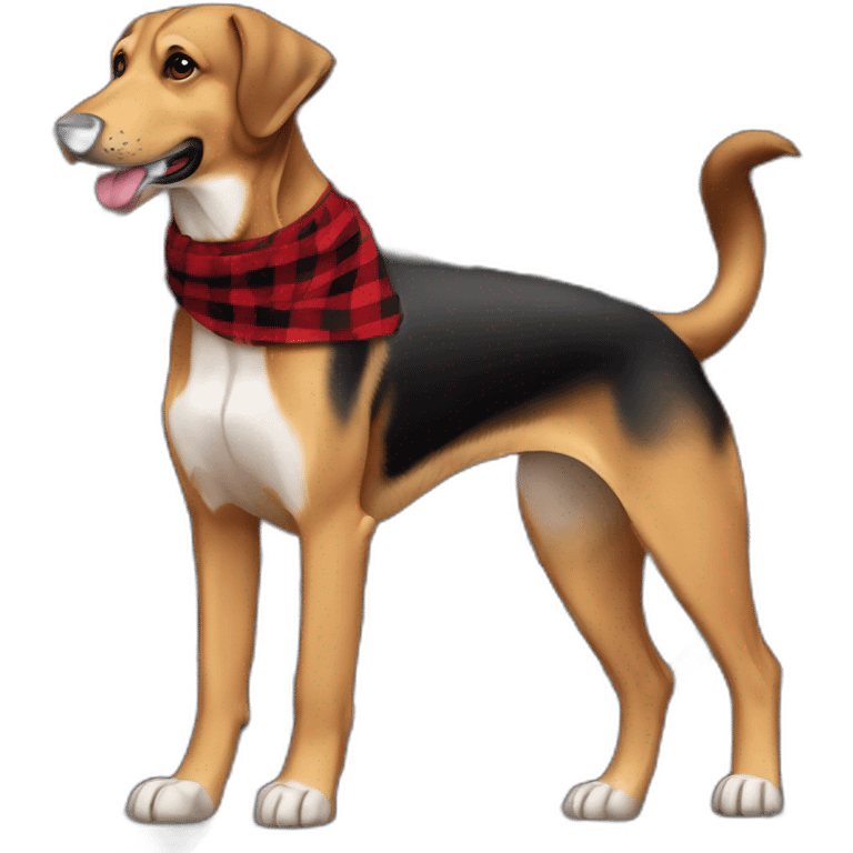 adult 75% Coonhound 25% German Shepherd mix dog with visible tail wearing small pointed red buffalo plaid bandana full body walking left quickly emoji