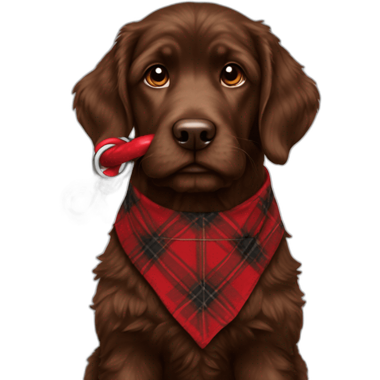 A chocolate colored doodle wearing a red and black flannel handkerchief holding his leash in his mouth emoji