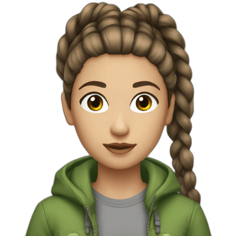 Braiding Ponytail  brown hair, brown eyes, grey tshirt and green puff jacket emoji