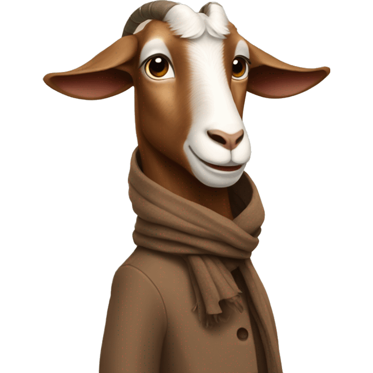 A goat wearing a long brown coat with a brown scarf emoji