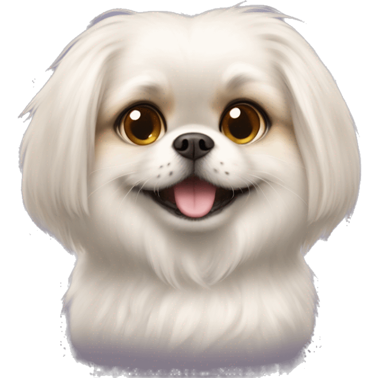 A pet a white dog Pekingese very fluffy with a smile of a cat from Alice in Wonderland  emoji