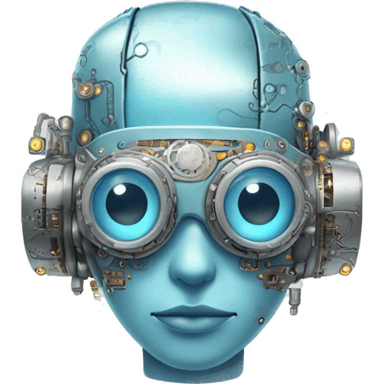 Pastel blue haired cyborg head with silver steampunk goggles and circuits emoji