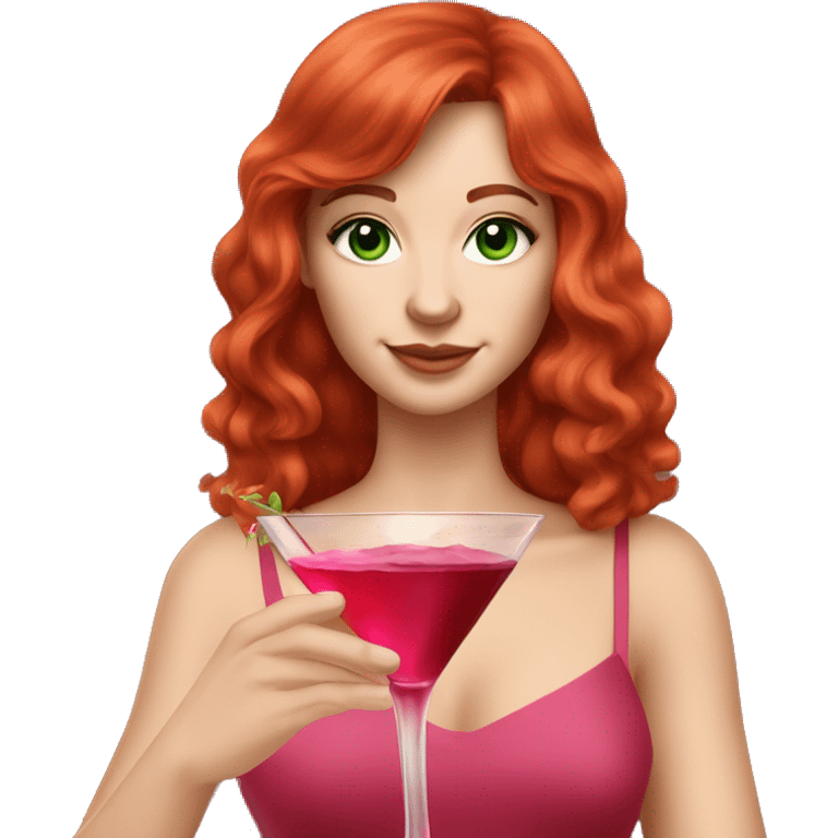 White caucasian woman in her 20s with red layered hair and bangs green eyes freckles wearing a red dress and holding a pink martini glass emoji