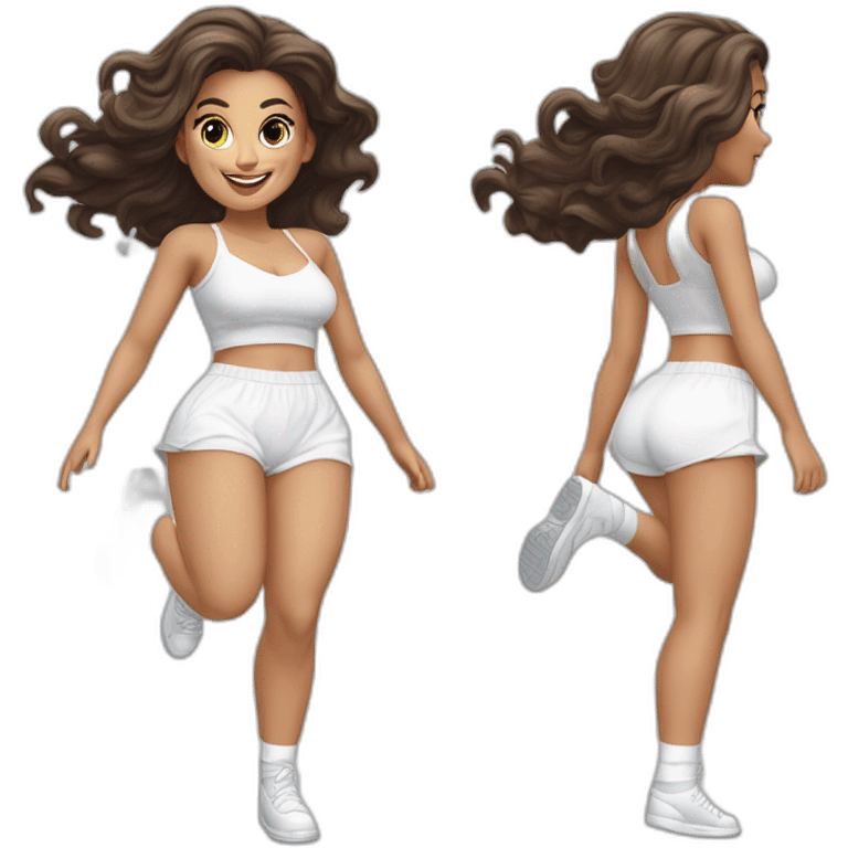 realistic full body caucasian curvy beauty jumping short transparent skirt back and front views strong wind white knickers long white socks emoji