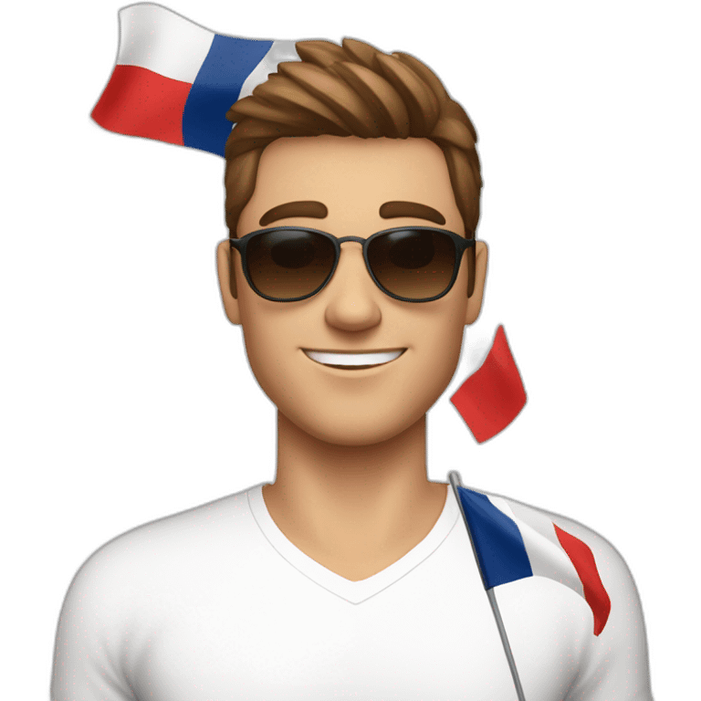 A young fit man with a white shirt and sunglasses on his hair with brown hair and a French flag in his hand emoji