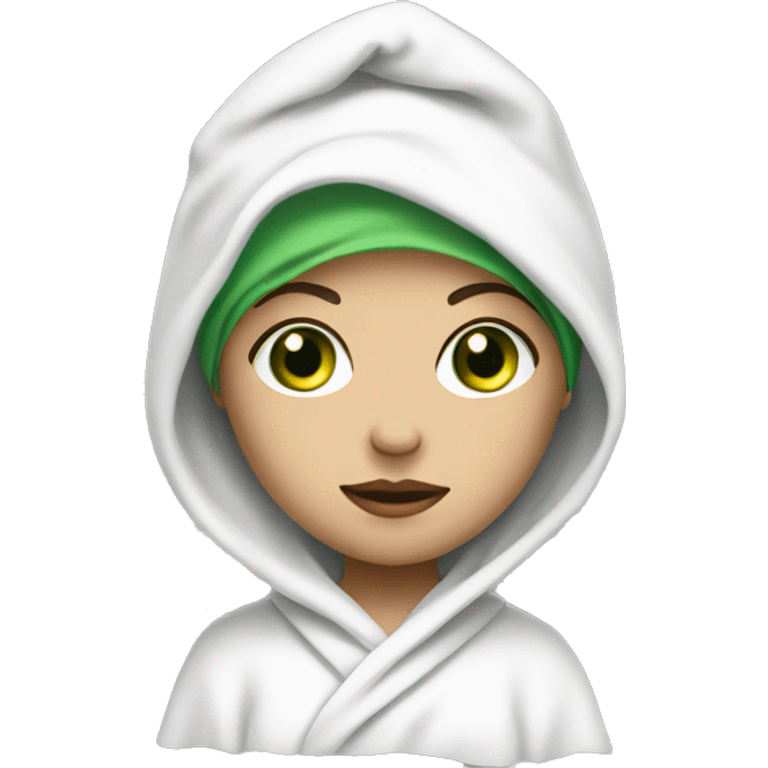 A girl with green eyes with a cloth mask on her face, wearing a white towel on her head and a white robe emoji