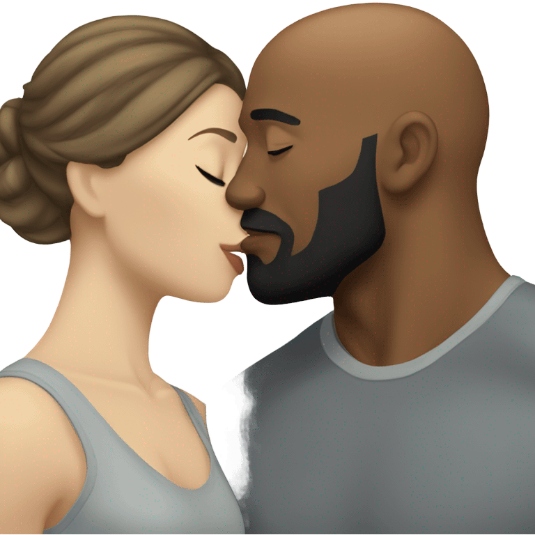 White brunette kissing muscular black bald man with beard emoji